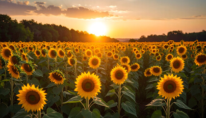 Vibrant Sunflower Field at Sunset with Golden Sunlight and Tree Line Background
