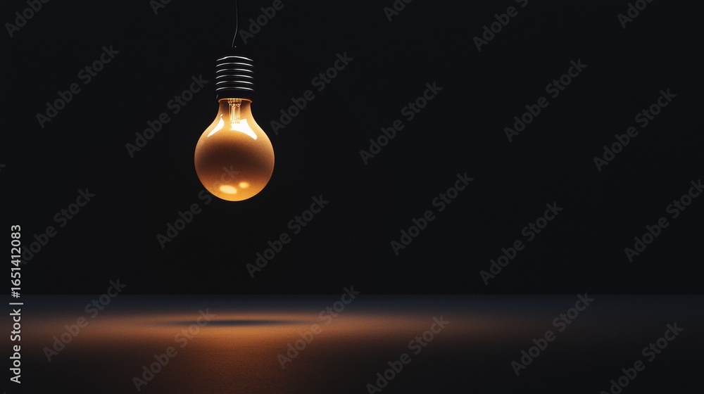 Poster Single illuminated light bulb hanging in dark background with subtle ambient glow and reflection below