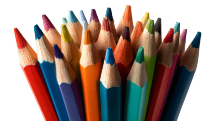 A bundle of colored pencils with sharpened tips pointing outward in a fan shape, isolated on a white background