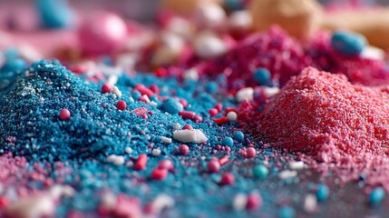 Obraz premium Pink and blue powder explosion with beads for cosmetic skincare creativity beauty or abstract color explosion photography