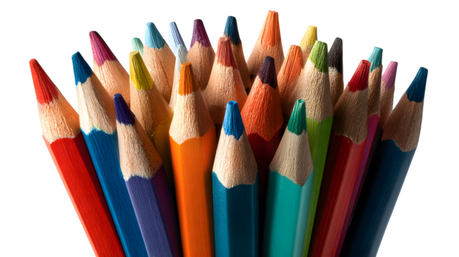 A bundle of colored pencils with sharpened tips pointing outward in a fan shape, isolated on a white background