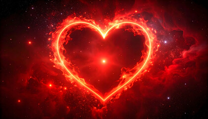 Glowing Red Heart Shape Against A Cosmic Nebula Background with Starry Details