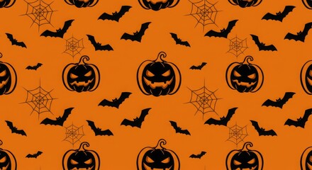 Halloween seamless pattern with pumpkins, bats and spider webs