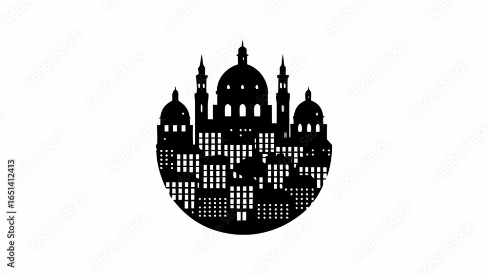 Poster silhouette of a cityscape with domes and buildings in a circular shape against a white background vi