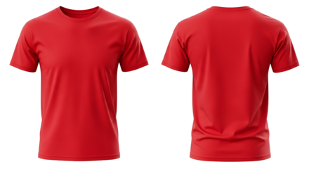 Front and back view of a red tshirt isolated on transparent background