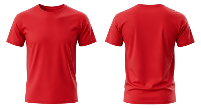 Front and back view of a red tshirt isolated on transparent background