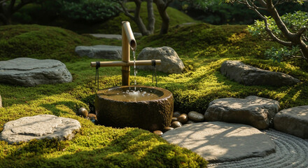 Obraz premium Bamboo fountain in Japanese zen garden with moss and stones.