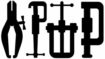 Silhouette illustration of four different types of clamps including c clamp and woodworking clamp tools | editable eps vectors