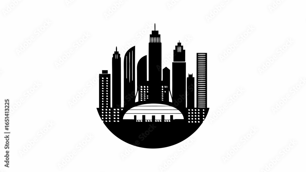 Aufkleber silhouette cityscape with various buildings and structures in a circular frame design element vector