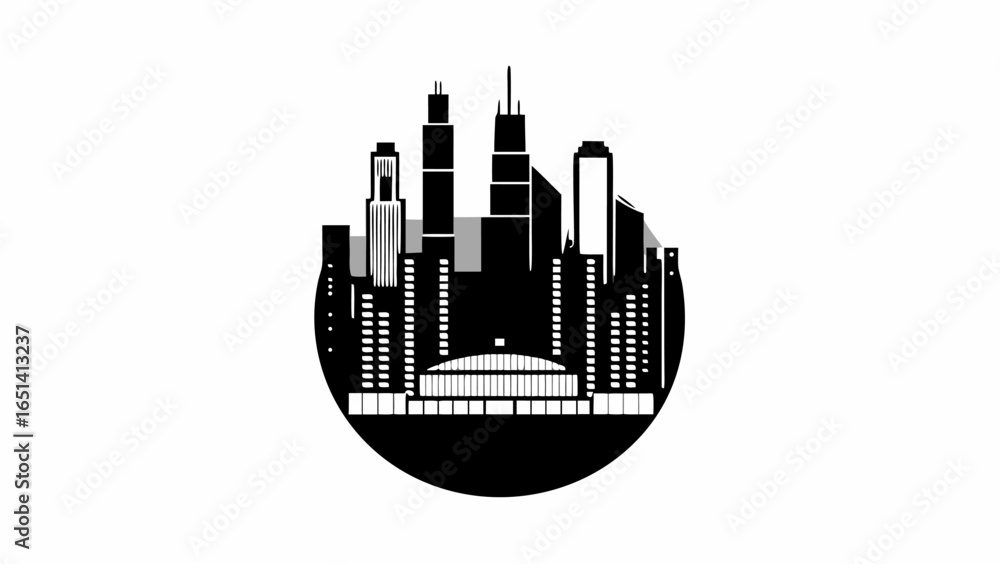 Poster silhouette of a city skyline with various buildings and structures inside a circular black shape des