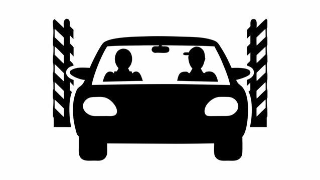 A black and white illustration of a car with two passengers passing through striped barrier posts | editable eps vectors silhouette