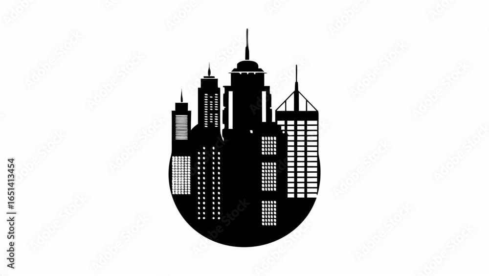 Poster silhouette of a city skyline with various buildings and skyscrapers in a circular shape design eleme