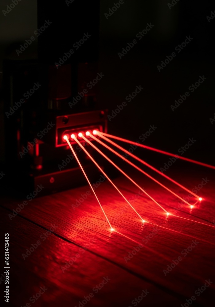 Poster red laser beams on wood surface - multiple red laser beams emanating from a device onto a dark wood 
