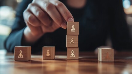 A hand placing wooden blocks with gender equality symbols on a table, representing efforts to reduce social inequality and discrimination
