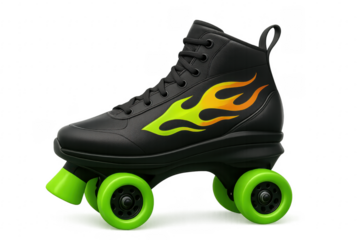Black roller skate with flame design and green wheels on transparent background