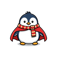 Cute cartoon penguin wearing a red cape and striped scarf isolated on transparent background