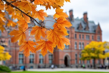 Obraz premium Bright orange maple leaves on a branch, with a blurred brick building in the background, on an overcast autumn day.