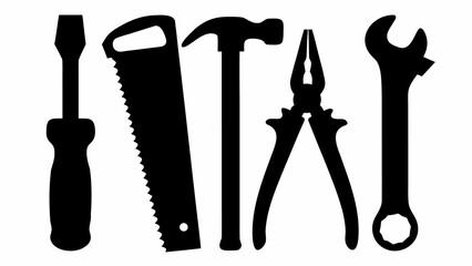Illustration of various black silhouettes of tools including a screwdriver saw hammer pliers and wrench | editable eps vectors