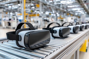 Obraz premium Virtual reality headsets on a factory conveyor belt, ready for packaging and distribution.