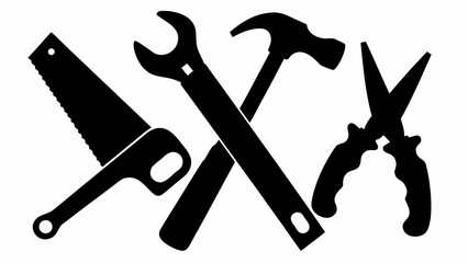 Illustration of a saw wrench hammer and pliers tools crossed in black silhouette on a white background | editable eps vectors