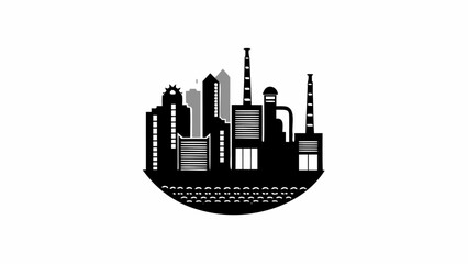 Obraz premium Silhouette of a cityscape with various buildings and chimneys on a semi circular base in black and white | editable eps vectors