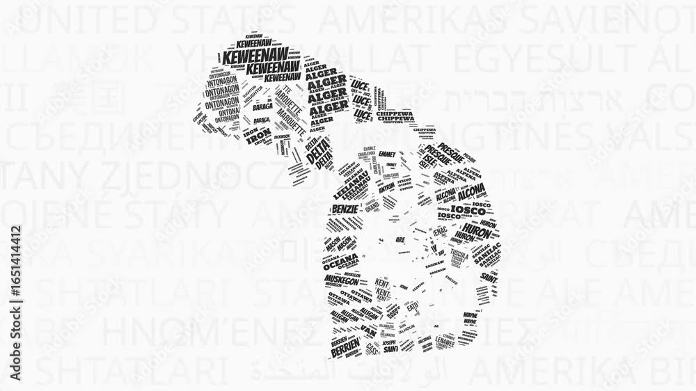 Aufkleber michigan intro animation. state with counties illustration video. background with state names in var