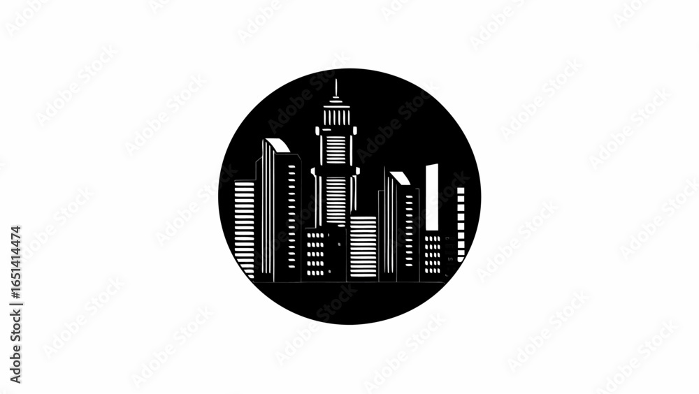 Aufkleber black and white cityscape silhouette with tall buildings inside circular frame design element and ar