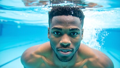 Man underwater, serious expression