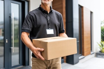 Delivery person holding cardboard box, standing in front of residential door, wearing black shirt and id badge.