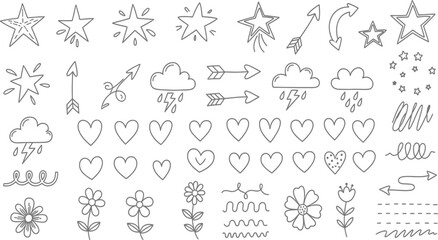Fototapeta premium Stars, Hearts, Clouds, and Banners in Doodle Style