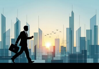 Silhouette of a businessman walking with a briefcase in a modern cityscape at sunrise, symbolizing ambition and success