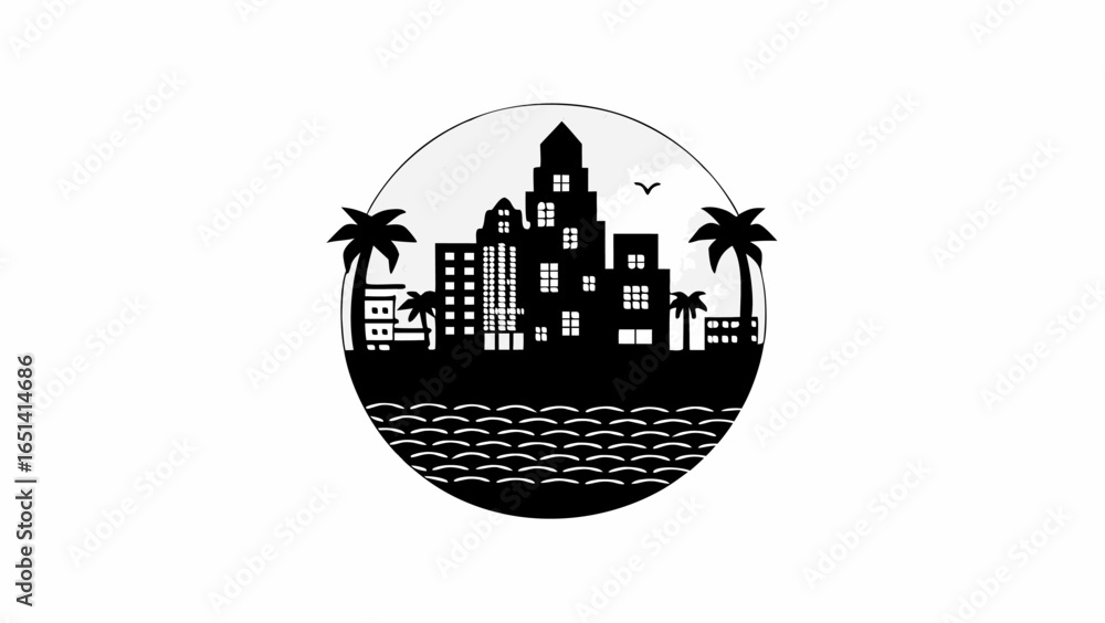 Poster black and white cityscape silhouette with palm trees and ocean waves inside a circle design element 
