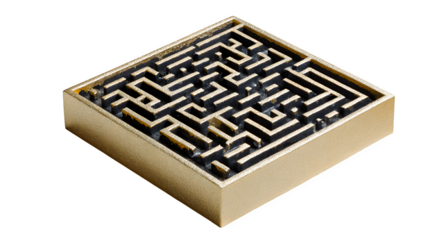 A compact square maze with both entry and exit points, designed for a logic game, isolated on a white background