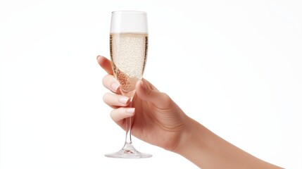  woman's hand gracefully holding a champagne glass, with the hand raised and the glass positioned elegantly. 