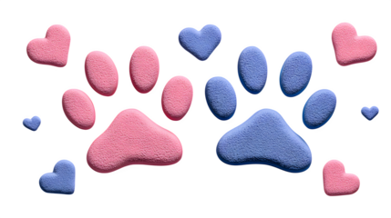 A cute dog paw print design with small heart shapes embedded in the pads, perfect as a symbol of pet love, isolated on a white background