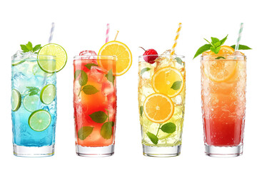 set bundle of colorful exotic refreshing cold cocktails PNG transparent background isolated graphic resource. Citrus fruit and ice summer garnish