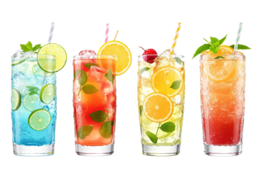 set bundle of colorful exotic refreshing cold cocktails PNG transparent background isolated graphic resource. Citrus fruit and ice summer garnish