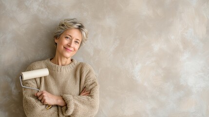 The woman is 45-50 years old. He holds a wall paint roller in his hands and laughs while