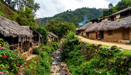 Fototapeta premium Mountain village, thatched roofs