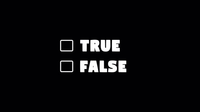 animated true false checkbox text for quizzes tests and decision based videos, true false text animation with checkbox on black background.