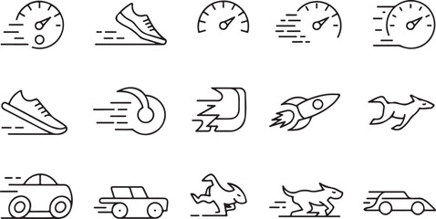 Minimalist line icons showing fast-moving vehicles, rockets, and shoes, ideal for themes of speed, performance, and energy.