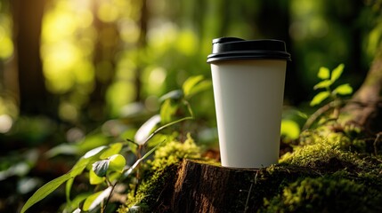 Mockup of a tall white takeaway coffee cup with a black lid, placed on a moss-covered tree stump in a forest.