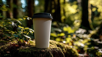 Mockup of a tall white takeaway coffee cup with a black lid, placed on a moss-covered tree stump in a forest.