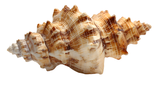 A detailed seashell with spiral ridges and natural color variation, isolated on a white background