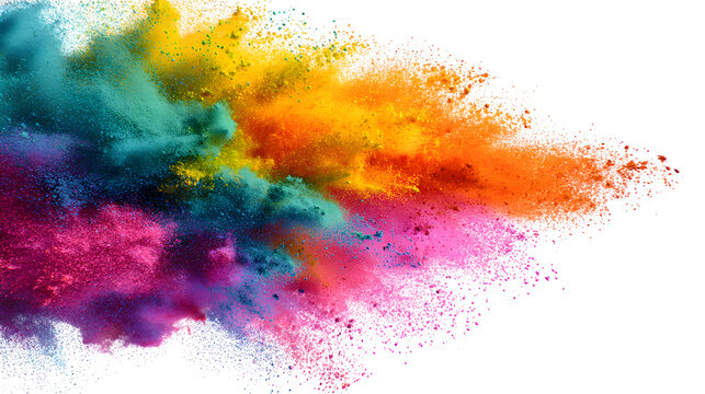 A diagonal overlay of colored powder explosion, vibrant and festive, isolated on a white background