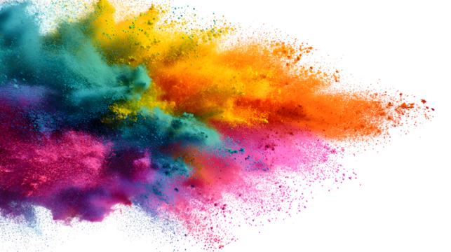 A diagonal overlay of colored powder explosion, vibrant and festive, isolated on a white background