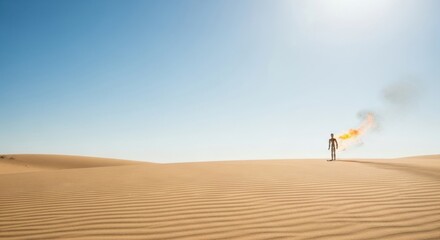A wooden mannequin stands in a vast desert landscape with strong sunlight, a burning flame and smoke are behind it.