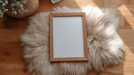 top view flatlay, wooden frame with white poster, on wooden parquet floor with light pale beige fluffy soft rug, lightstrings.