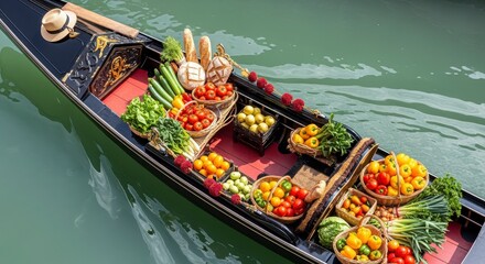Obraz premium A vibrant gondola filled with fresh fruits, vegetables, and bread floats on calm waters, showcasing a colorful array of produce.