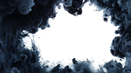 A dramatic frame of swirling dark smoke, forming a mysterious border, isolated on a white background